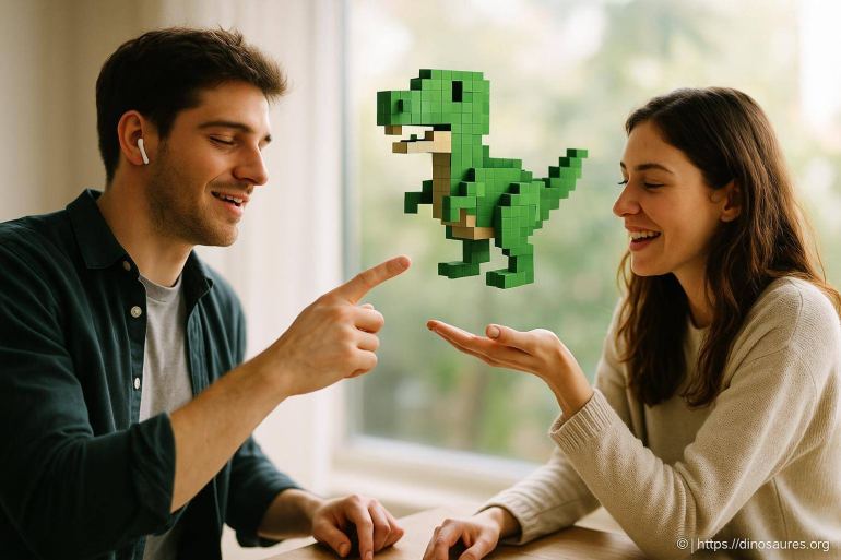 Homme et femme interagissant avec dinosaure pixelisé