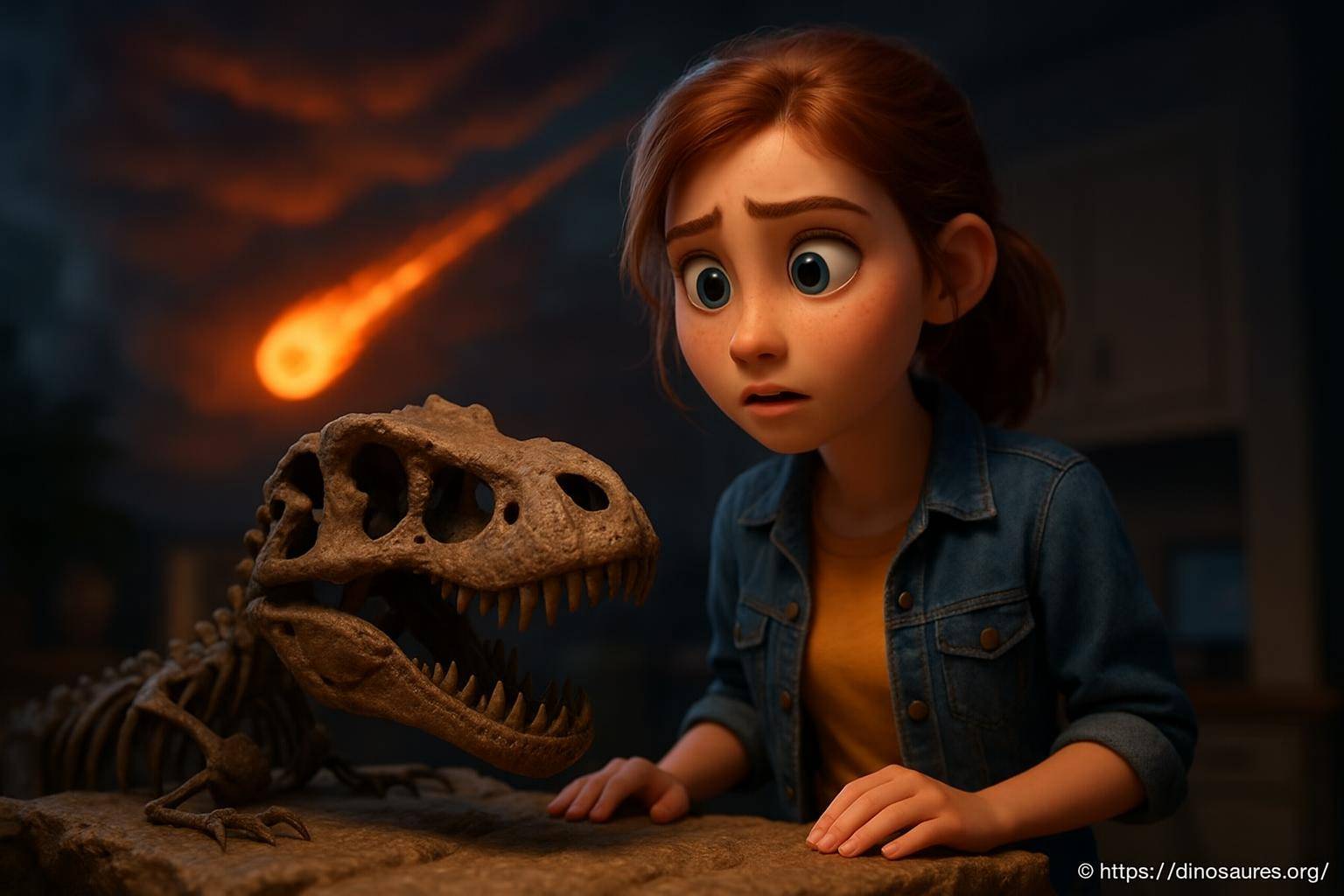 jeune fille inquiète devant un crâne de dinosaure