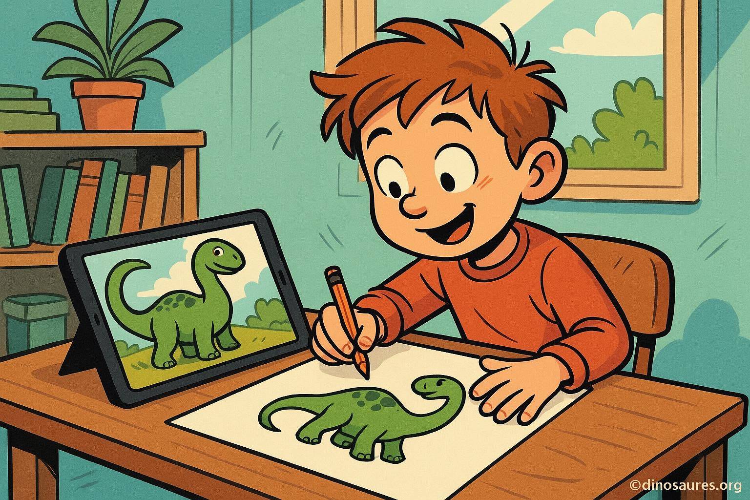 garçon dessinant un dinosaure vert