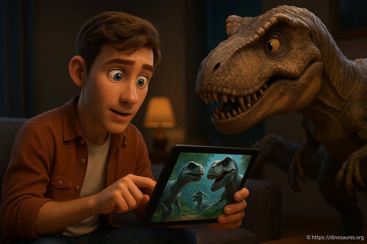 Jeune homme et dinosaure regardant une tablette