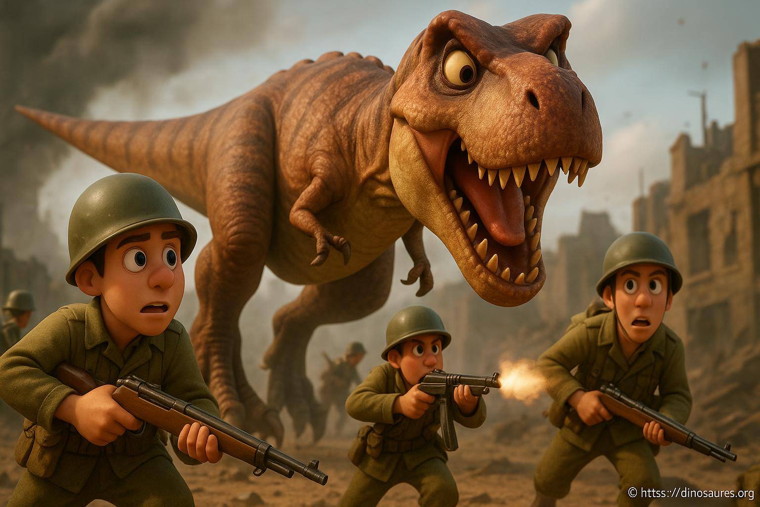 soldats animés affrontant un dinosaure