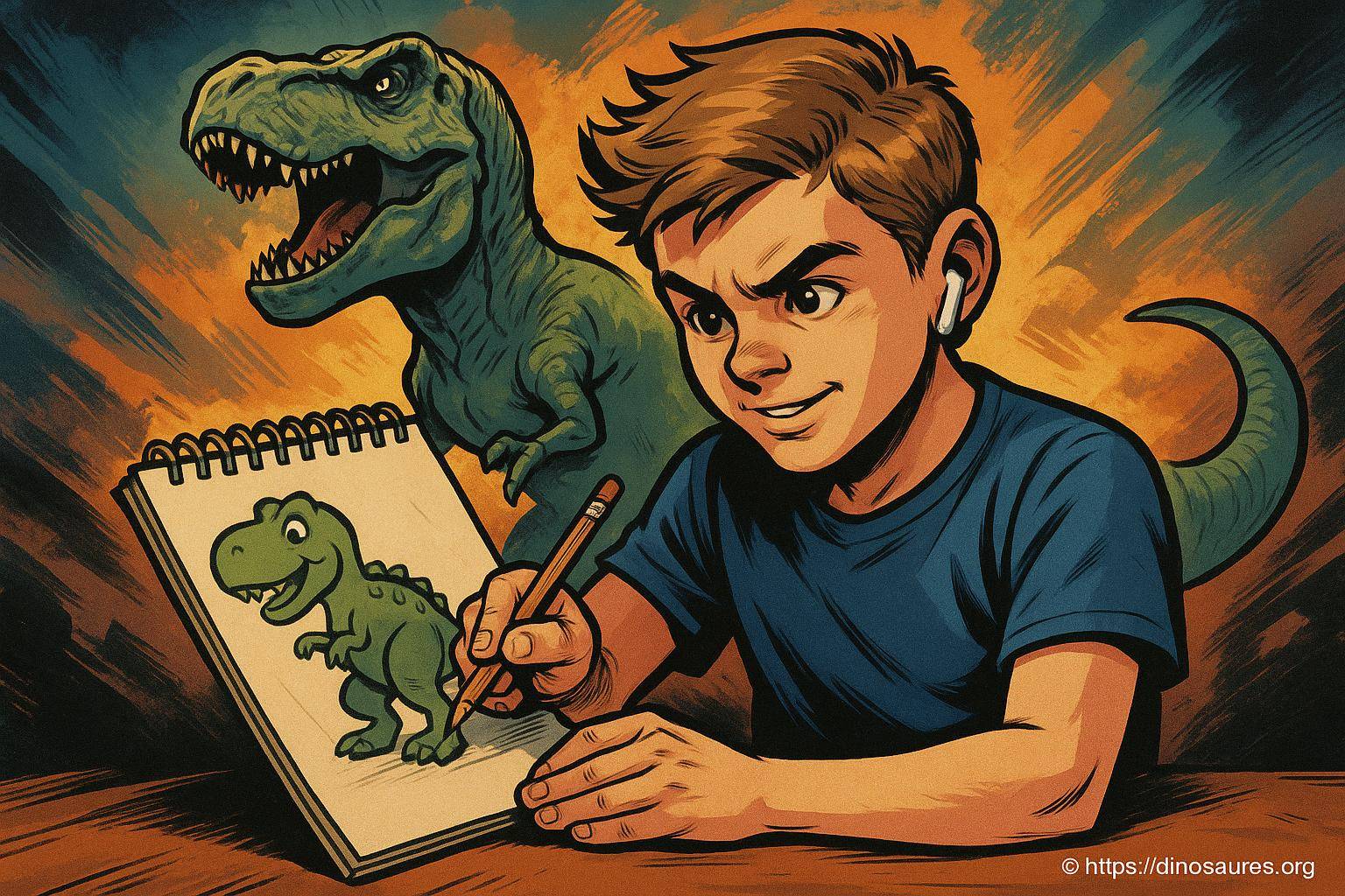 Garçon dessinant un dinosaure tyrannosaure