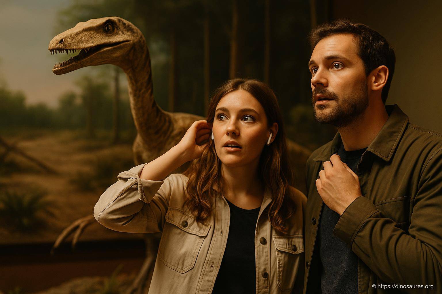 couple surpris devant un dinosaure