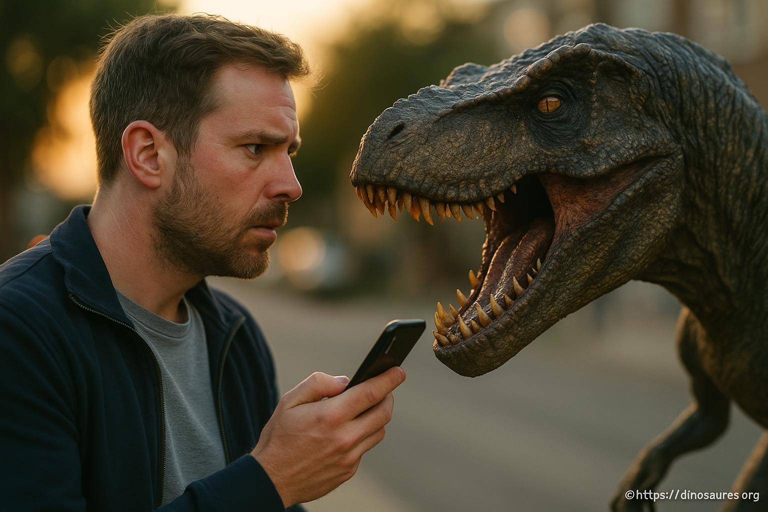 Homme face à un dinosaure avec smartphone