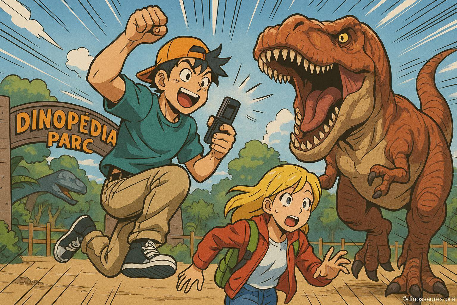 Jeunes fuyant un dinosaure au parc dinopedia