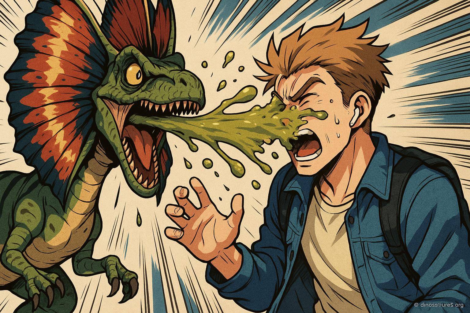 Dinosaure crache sur un homme effrayé