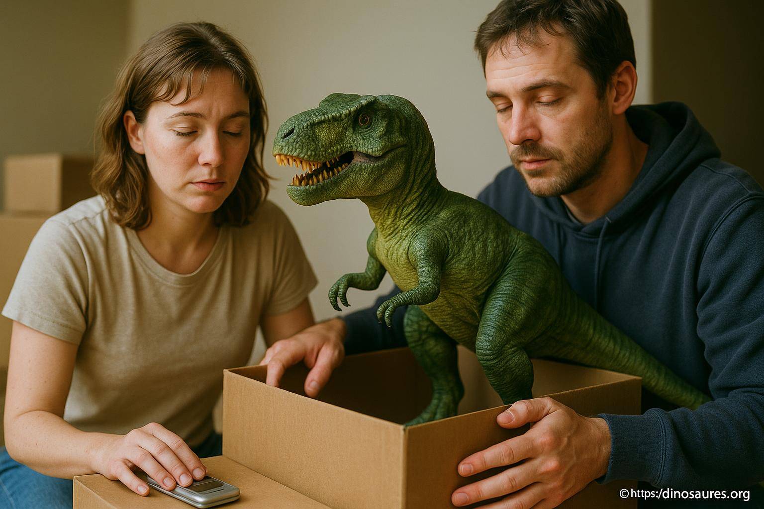 Couple avec dinosaure jouet dans carton