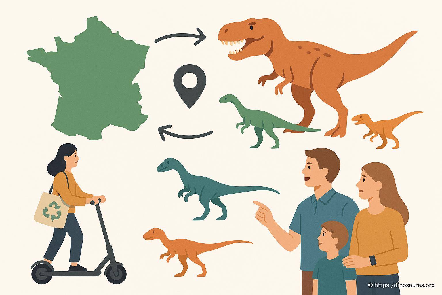 Carte de France et dinosaures avec famille