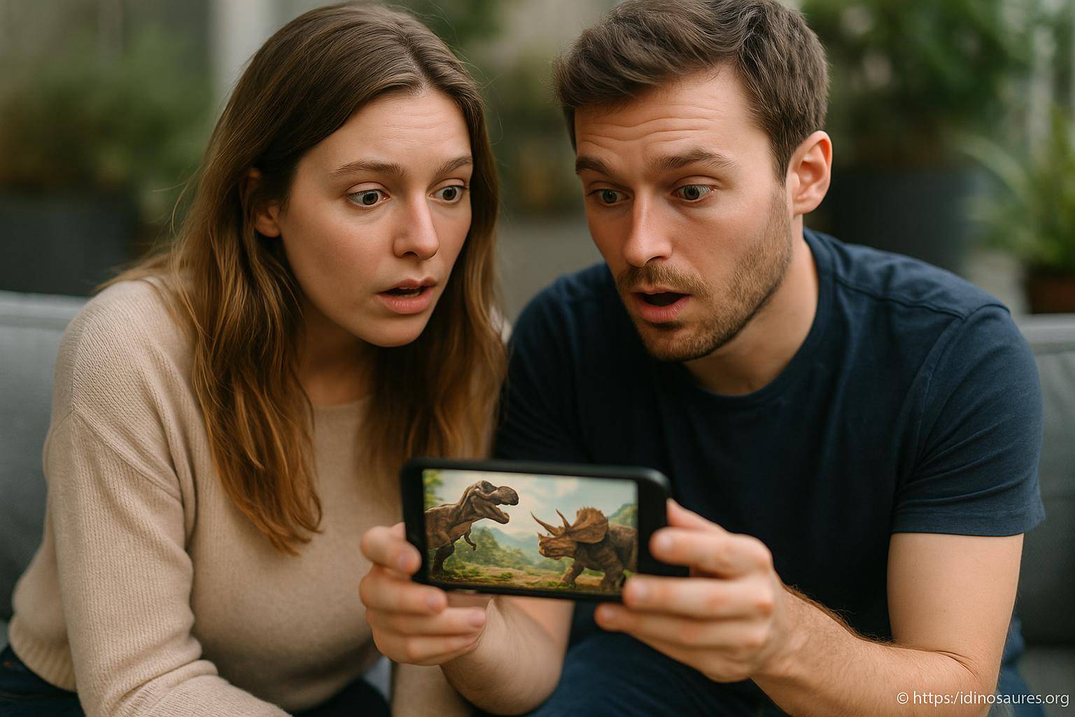 Couple surpris regardant dinosaures sur smartphone