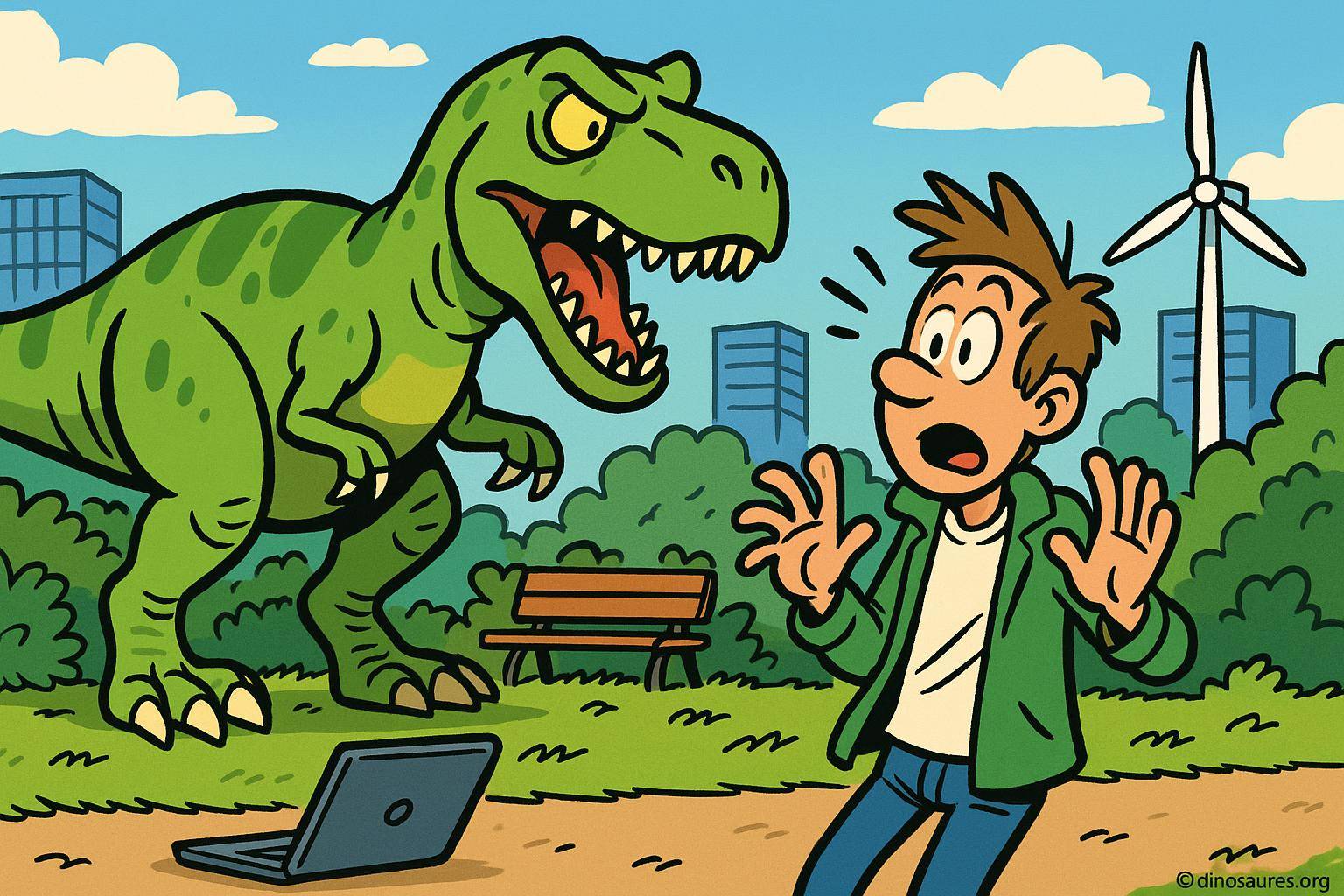 Homme surpris par un dinosaure vert