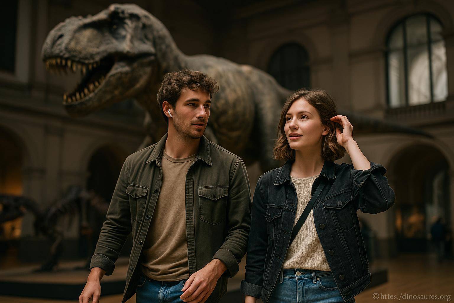 jeune couple dans un musée de dinosaures