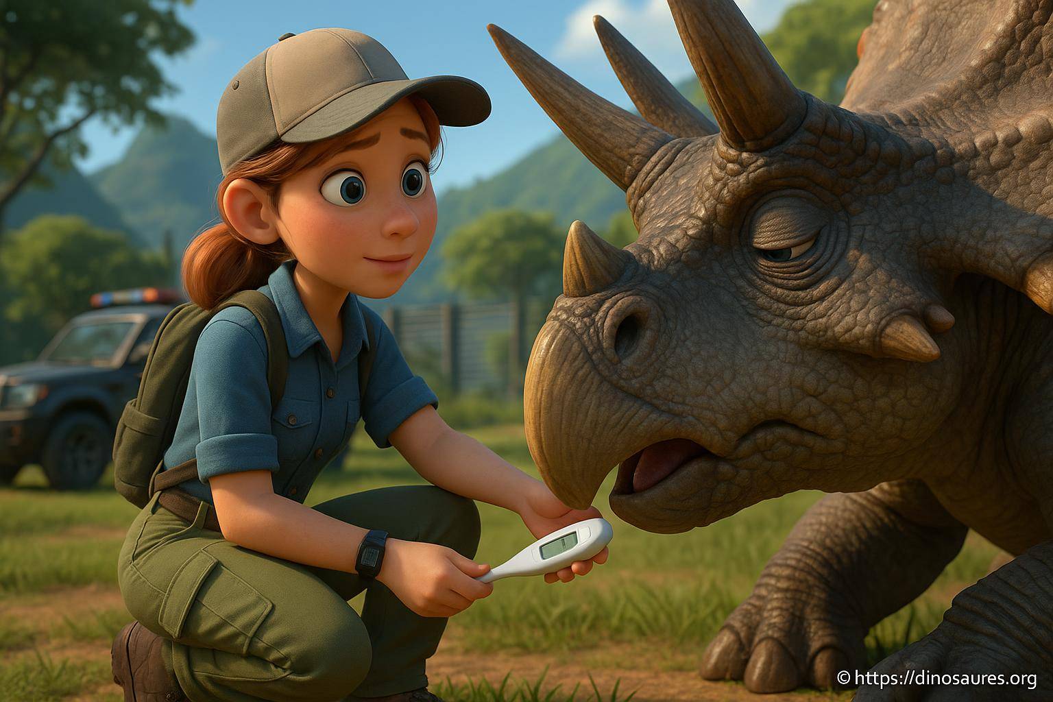 Femme vétérinaire prenant la température d'un dinosaure