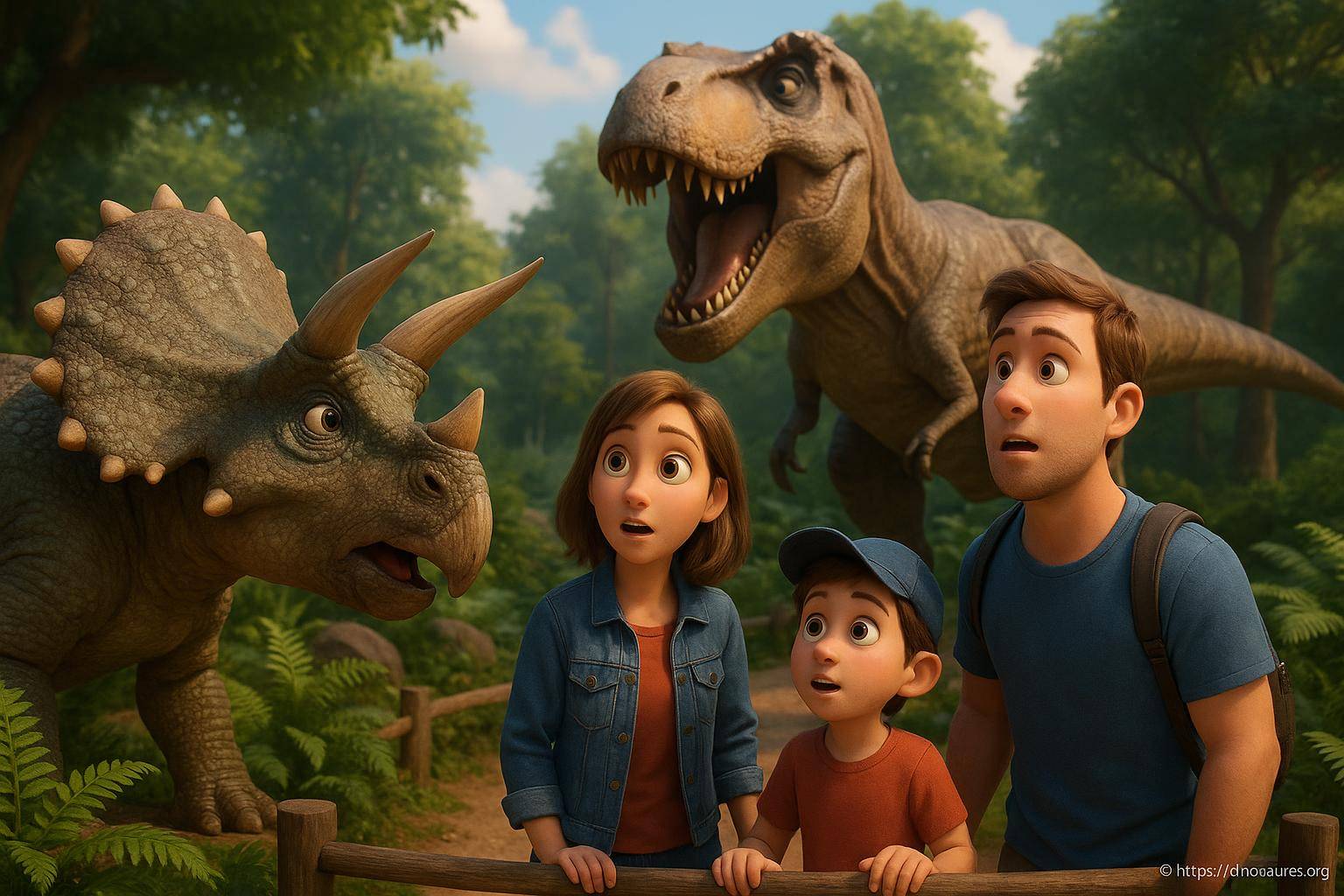 Famille animée avec dinosaures dans forêt