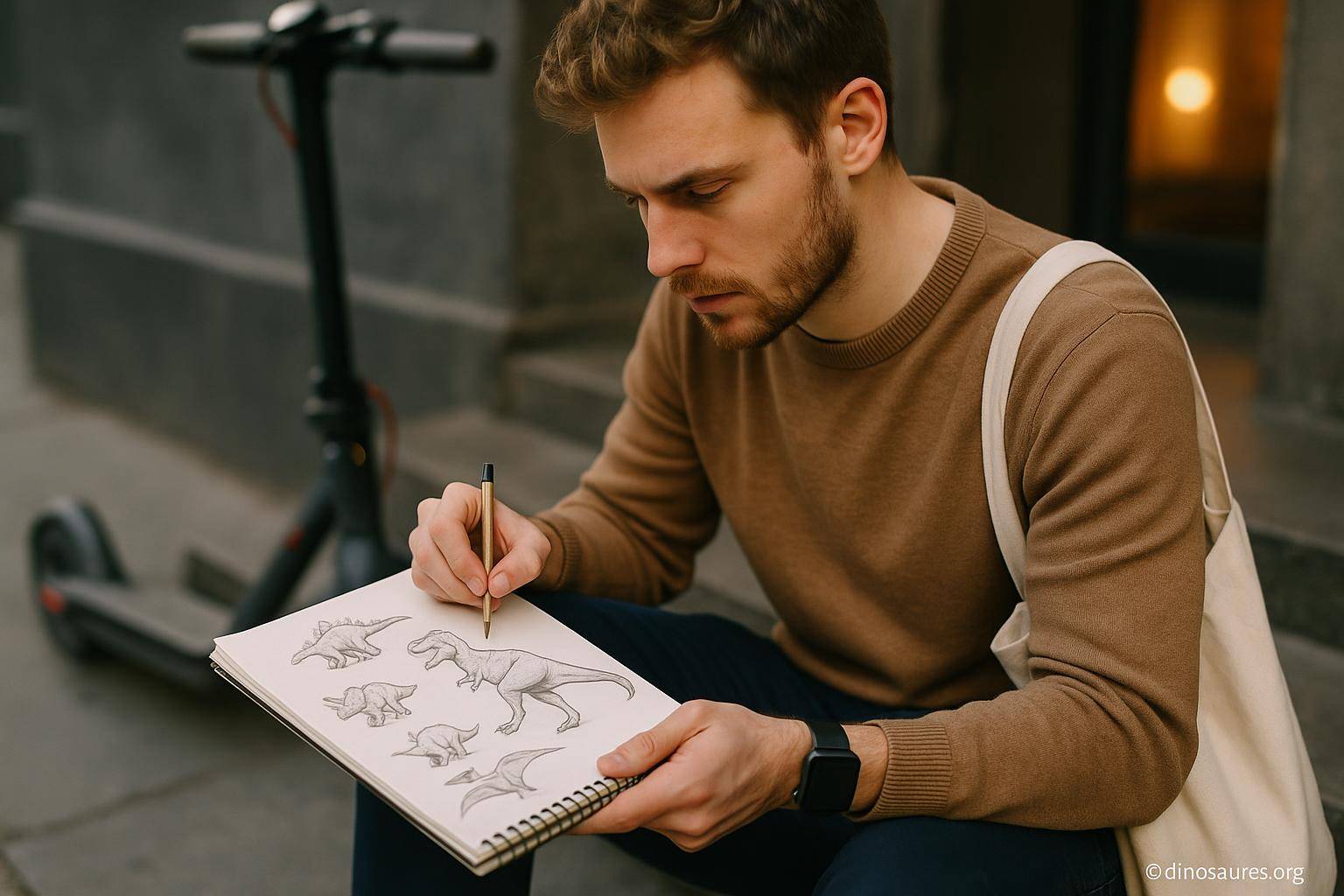 Homme dessinant des dinosaures au crayon