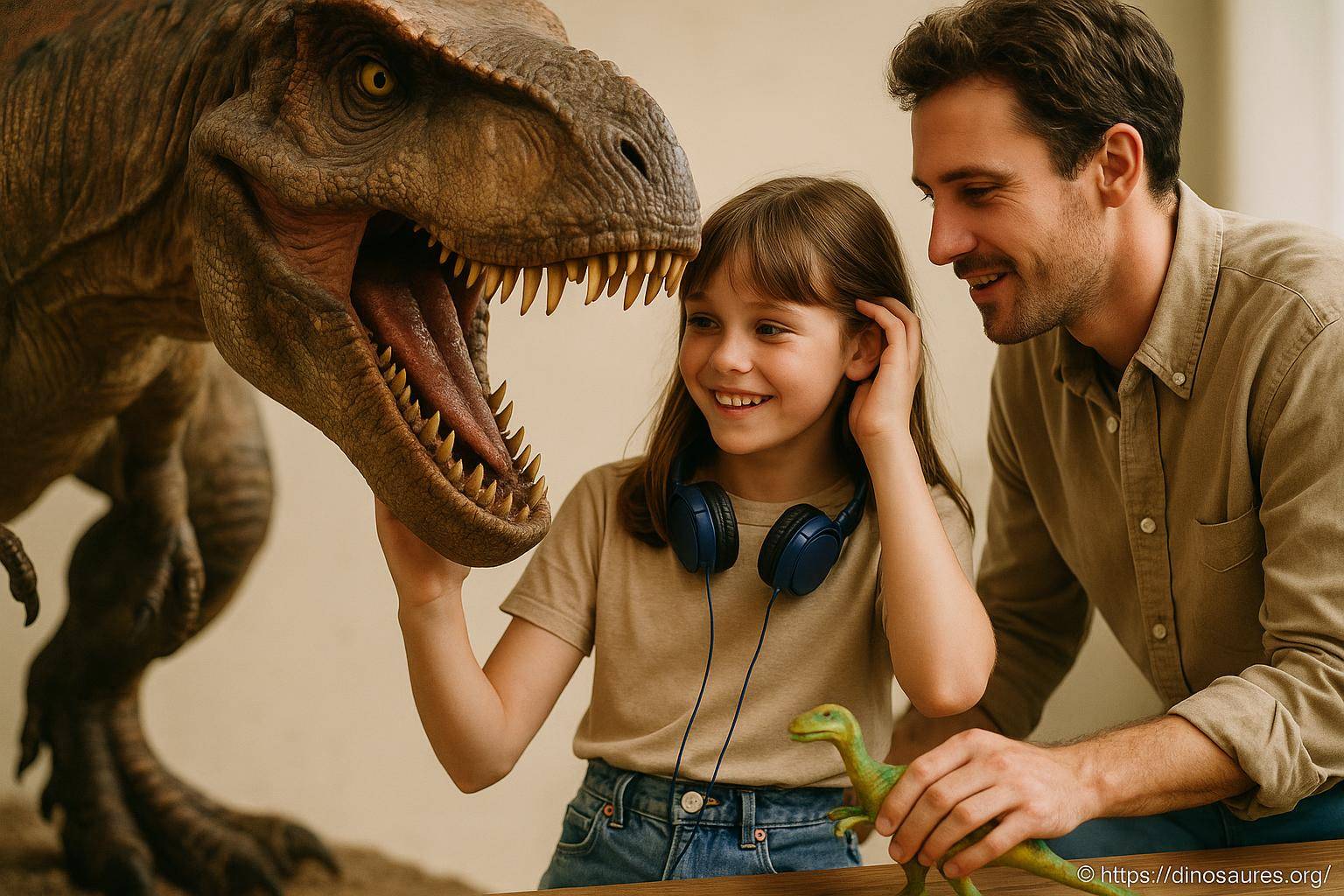 Enfant et adulte avec dinosaure réaliste