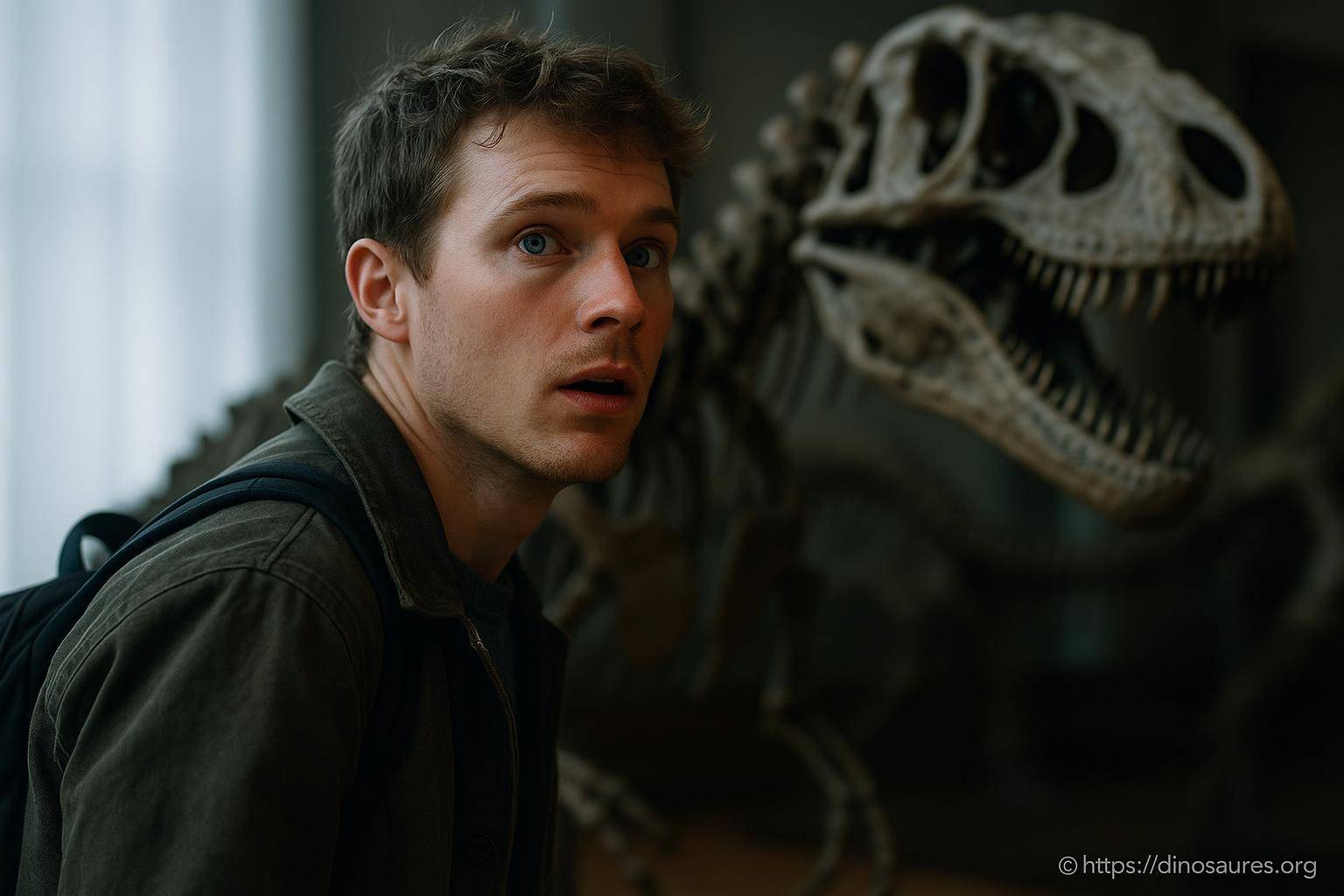 Homme surpris devant squelette de dinosaure