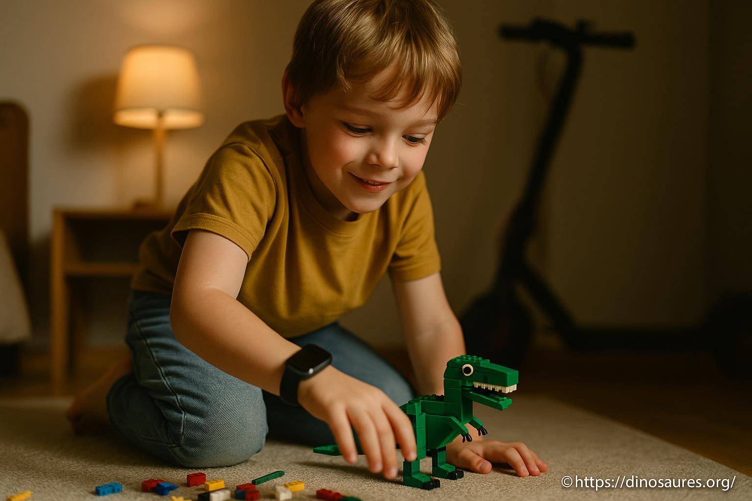 garçon jouant avec dinosaure en lego
