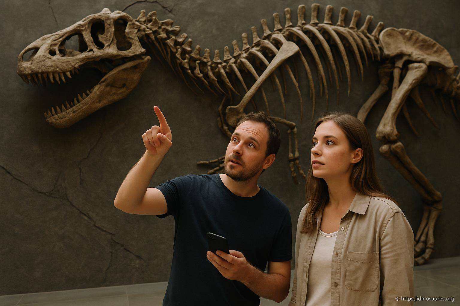 Couple observant un squelette de dinosaure