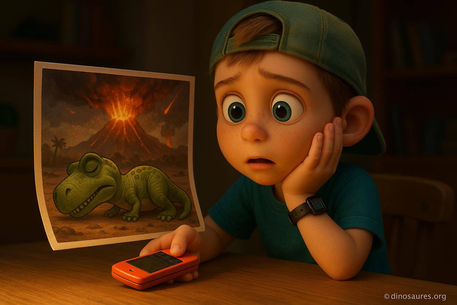 garçon inquiet regardant dessin dinosaure volcan
