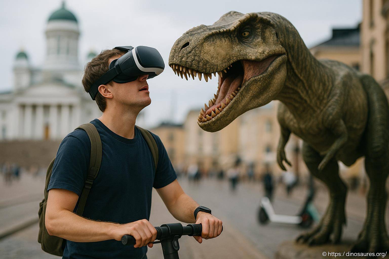 Homme avec casque VR face à dinosaure