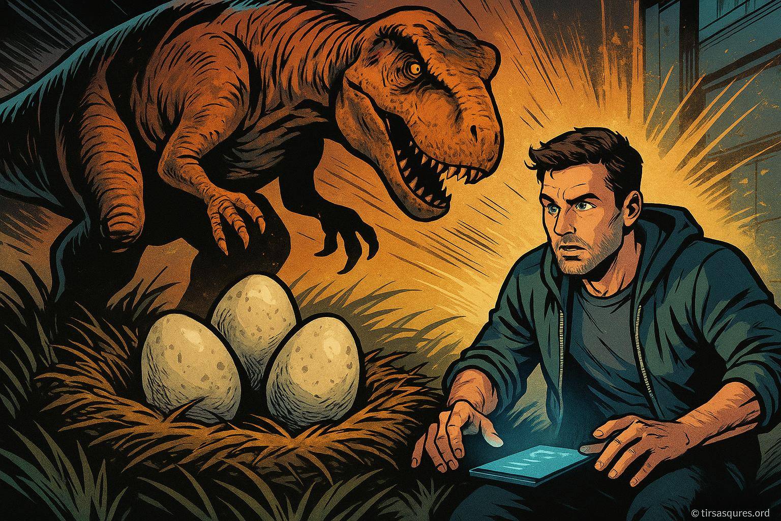 homme surpris devant dinosaure et œufs