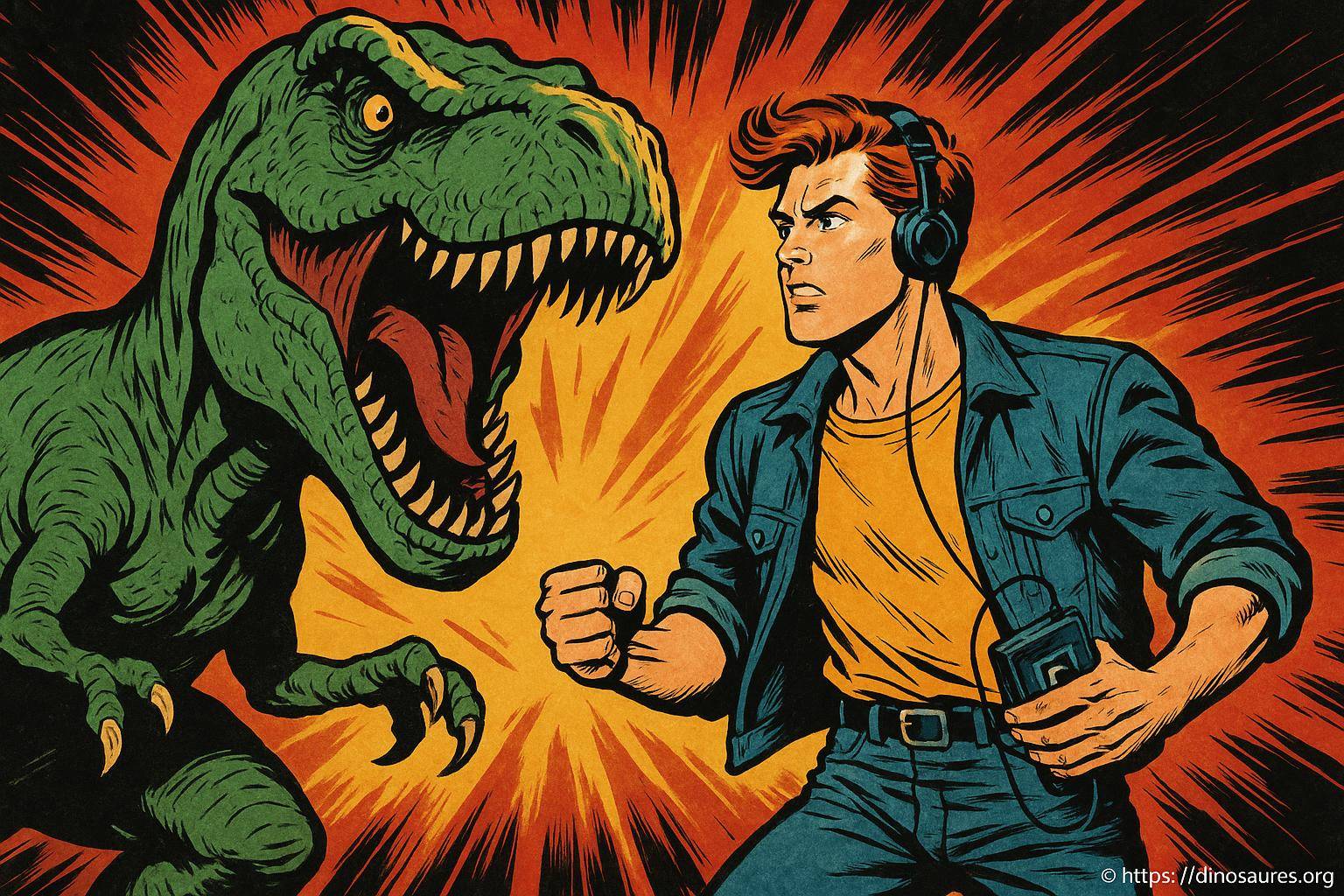 homme affrontant un dinosaure vert