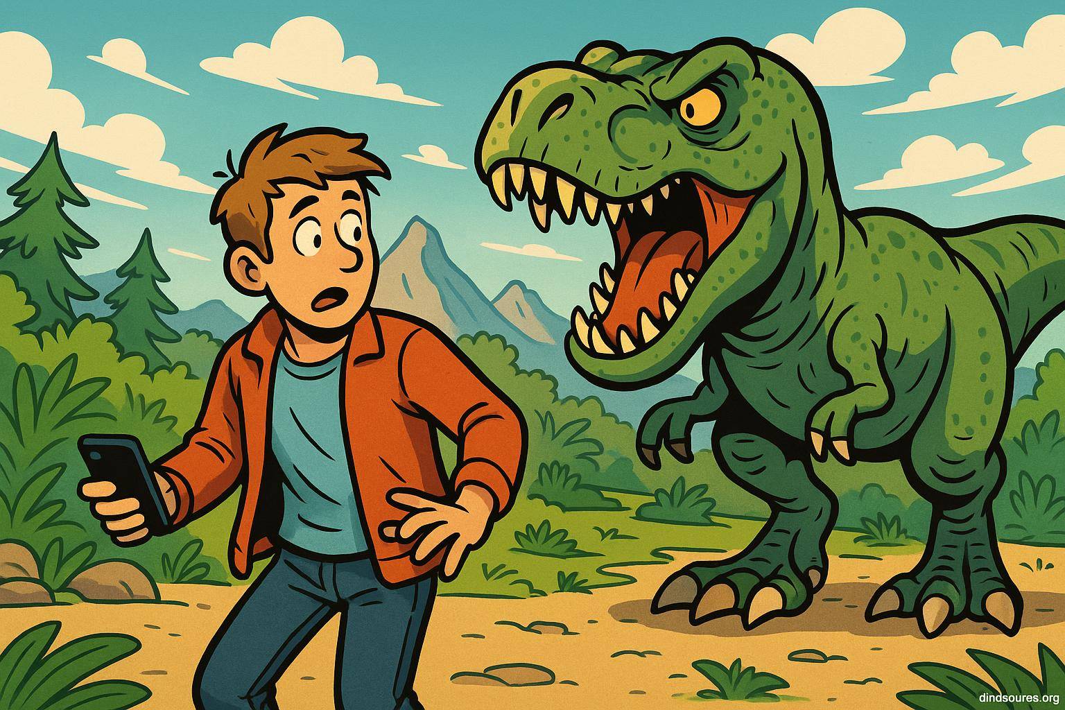Jeune homme surpris par un dinosaure