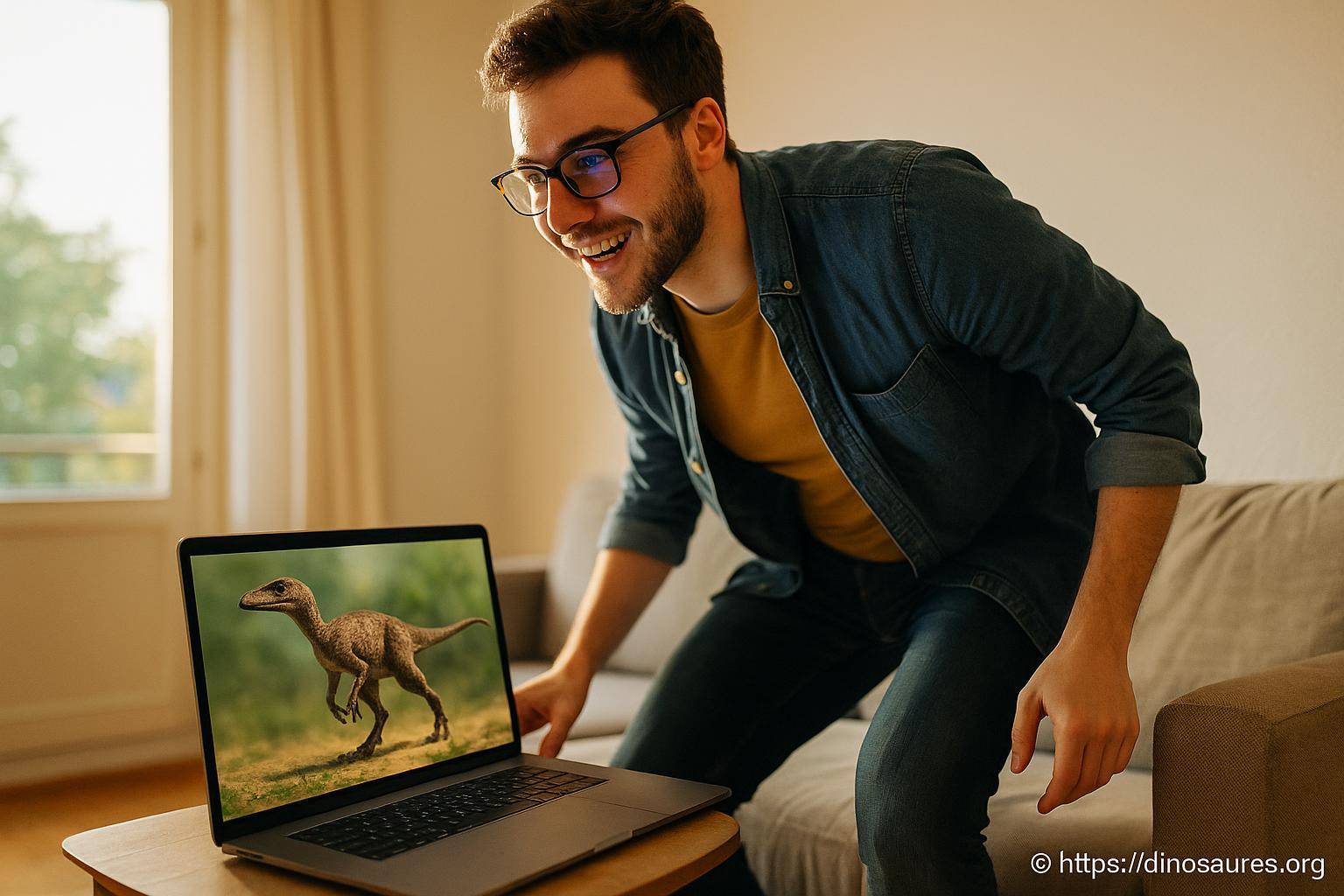 Homme souriant regardant un dinosaure sur ordinateur