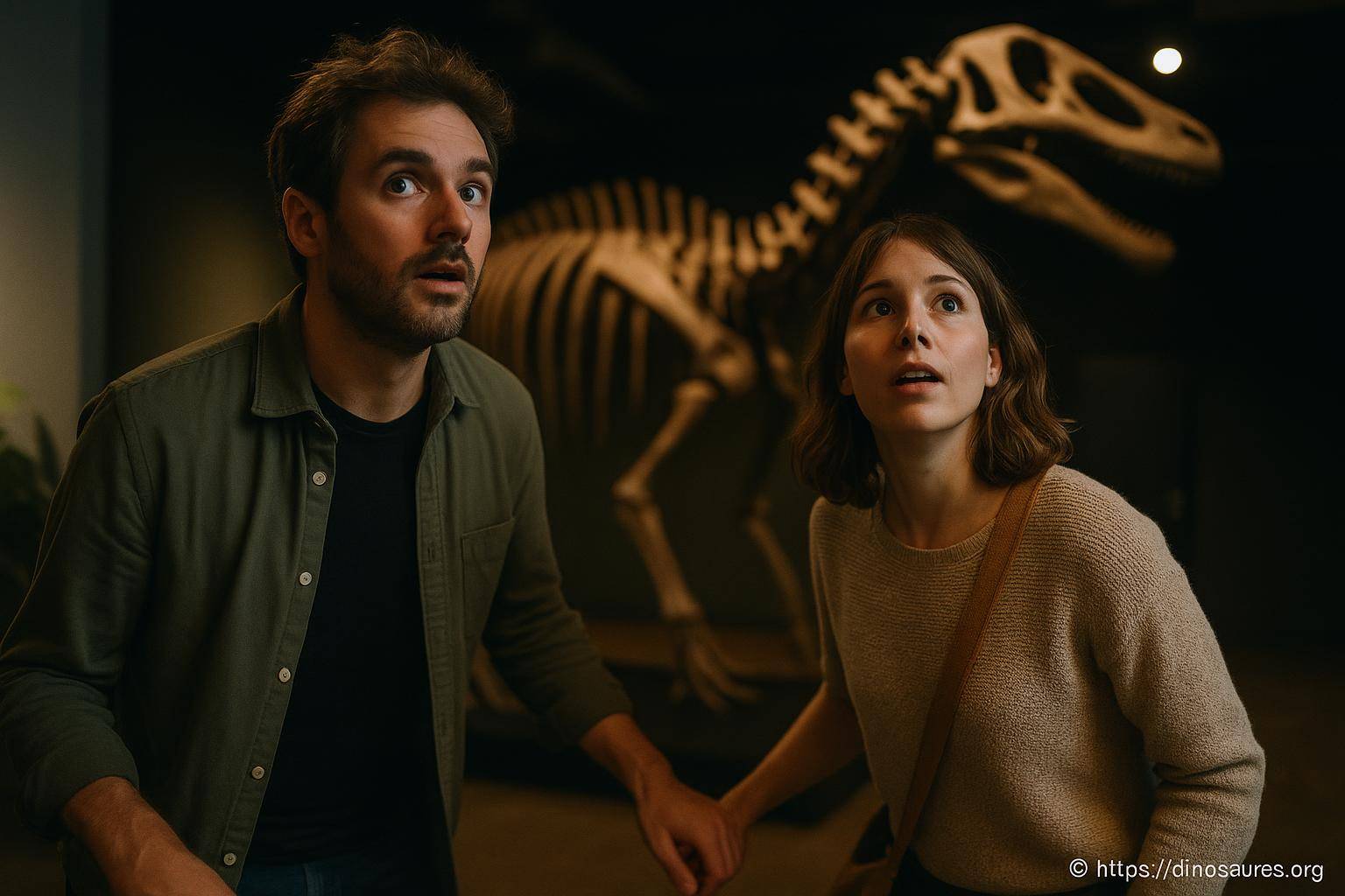 Couple étonné devant un squelette de dinosaure