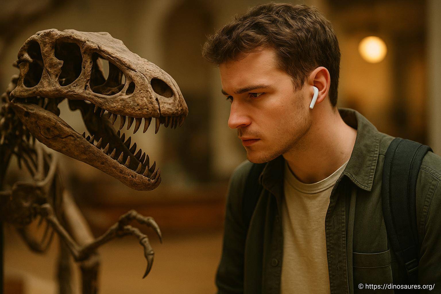 Homme observant un squelette de dinosaure