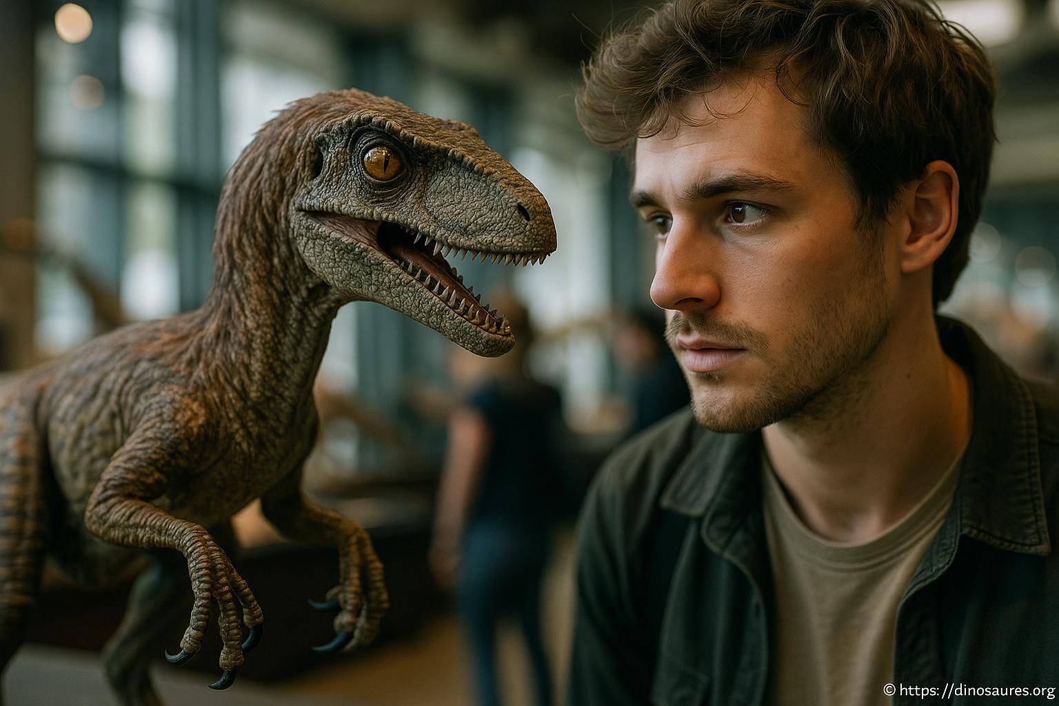 Homme regardant un dinosaure réaliste