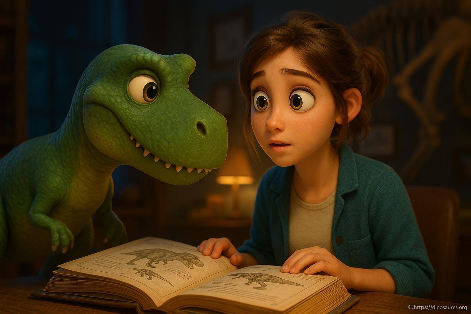 Jeune fille lisant un livre sur les dinosaures