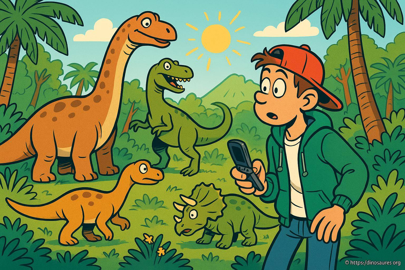 Garçon surpris avec dinosaures dans la jungle