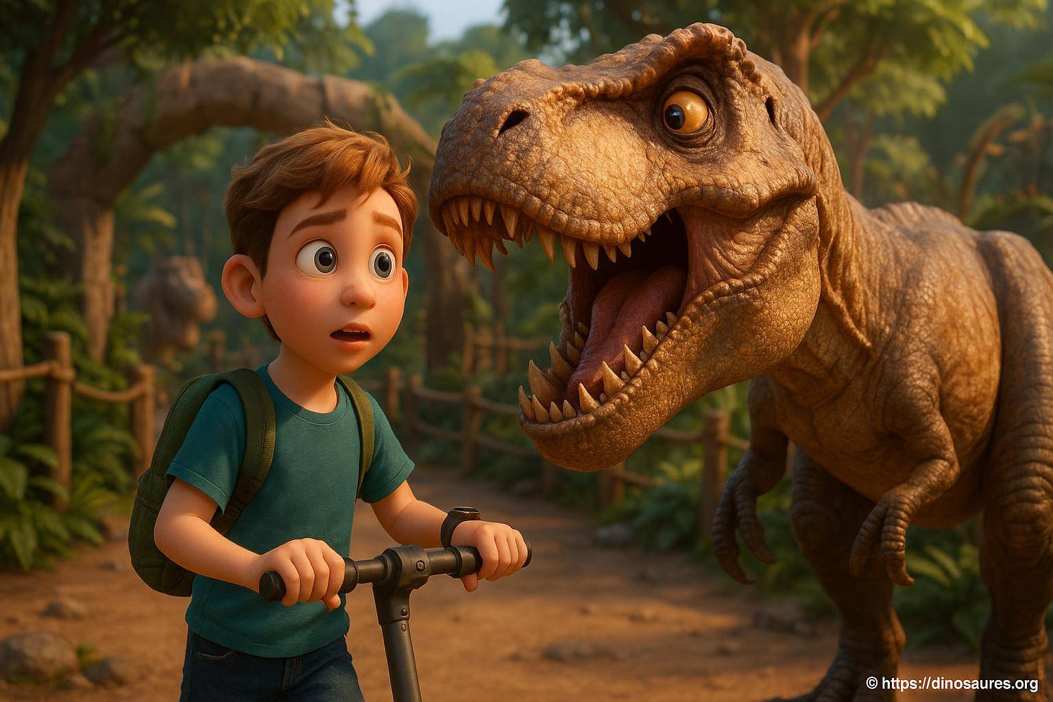garçon surpris face à un dinosaure