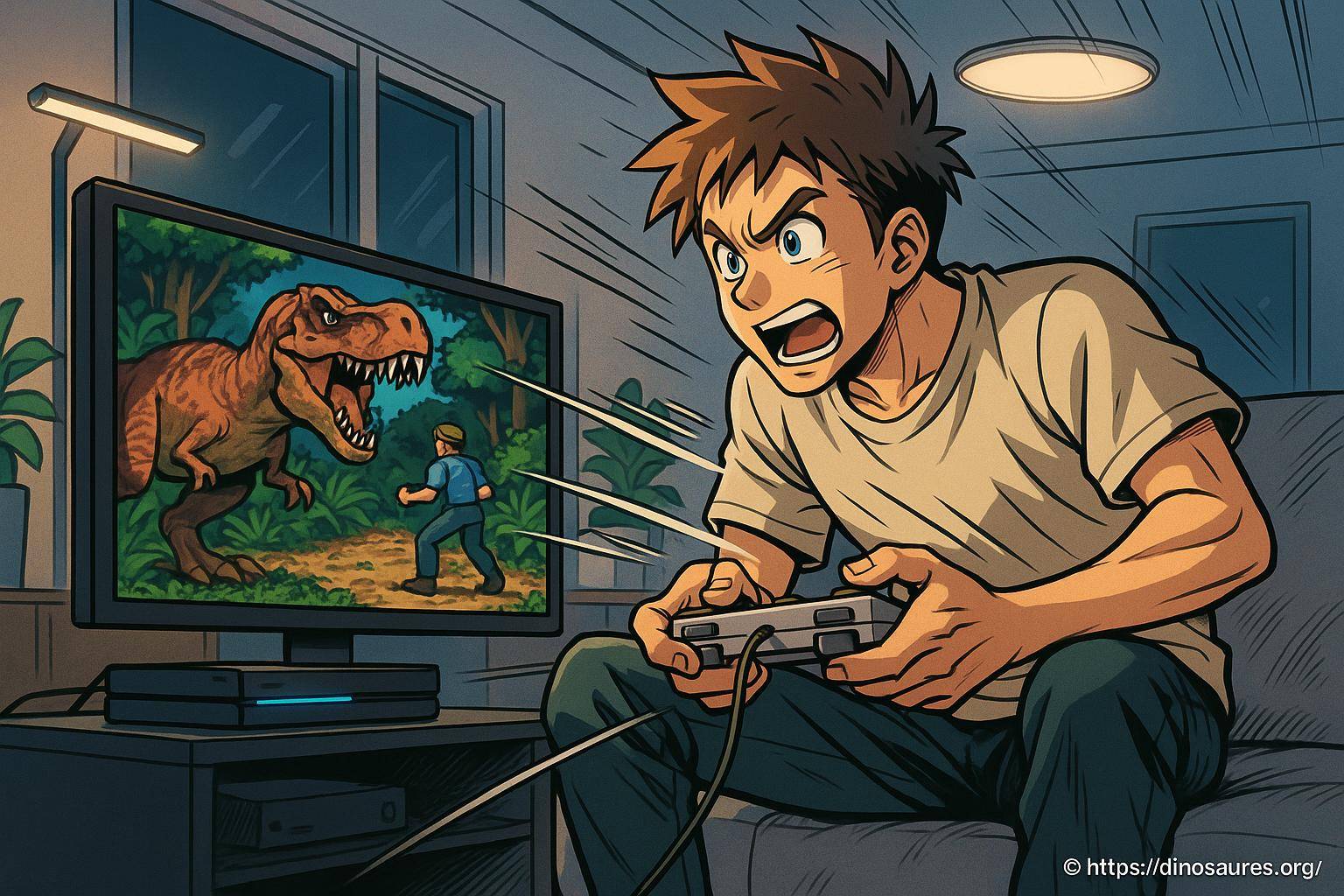 Jeune homme jouant à un jeu vidéo dinosaure