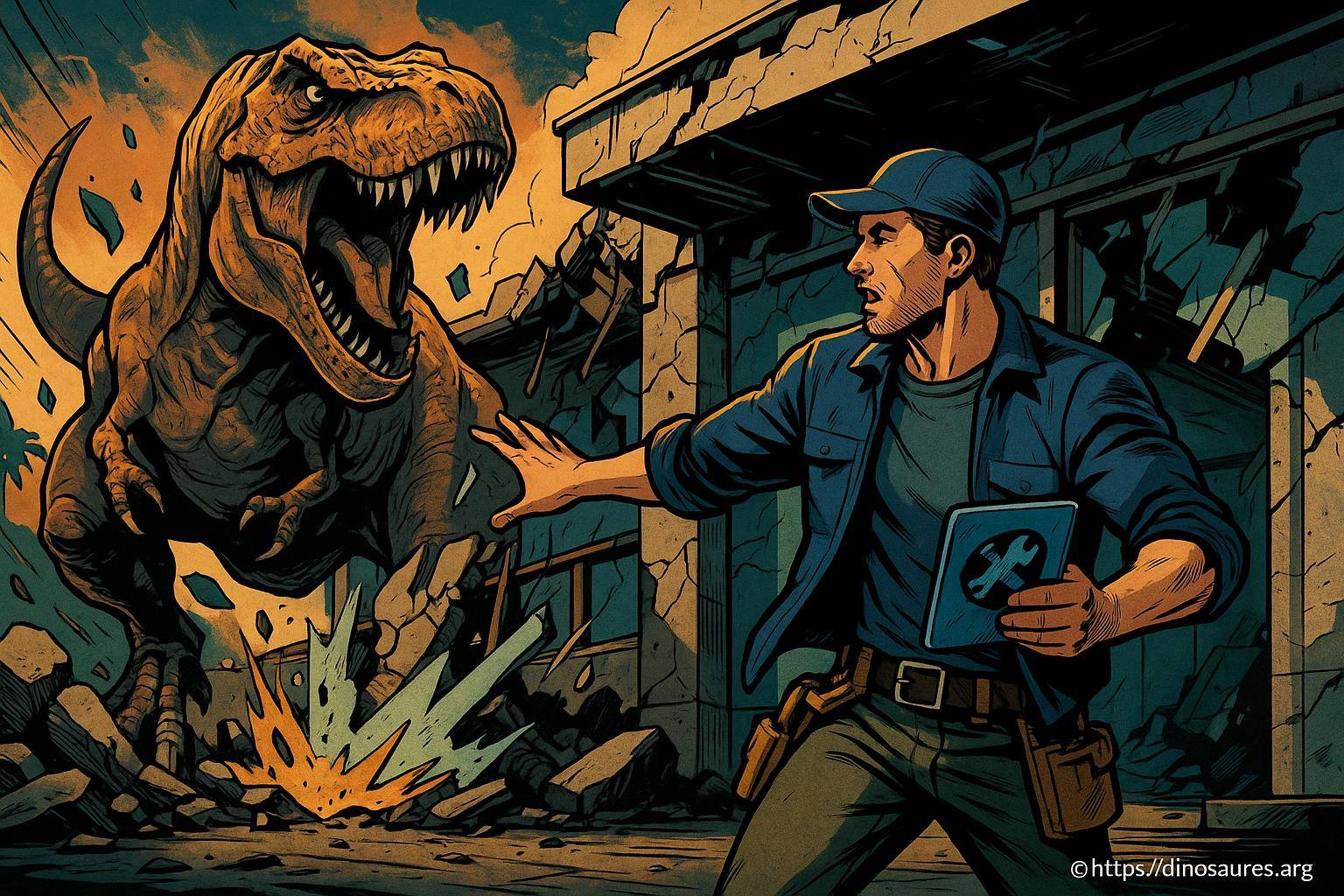 Homme face à un dinosaure rugissant