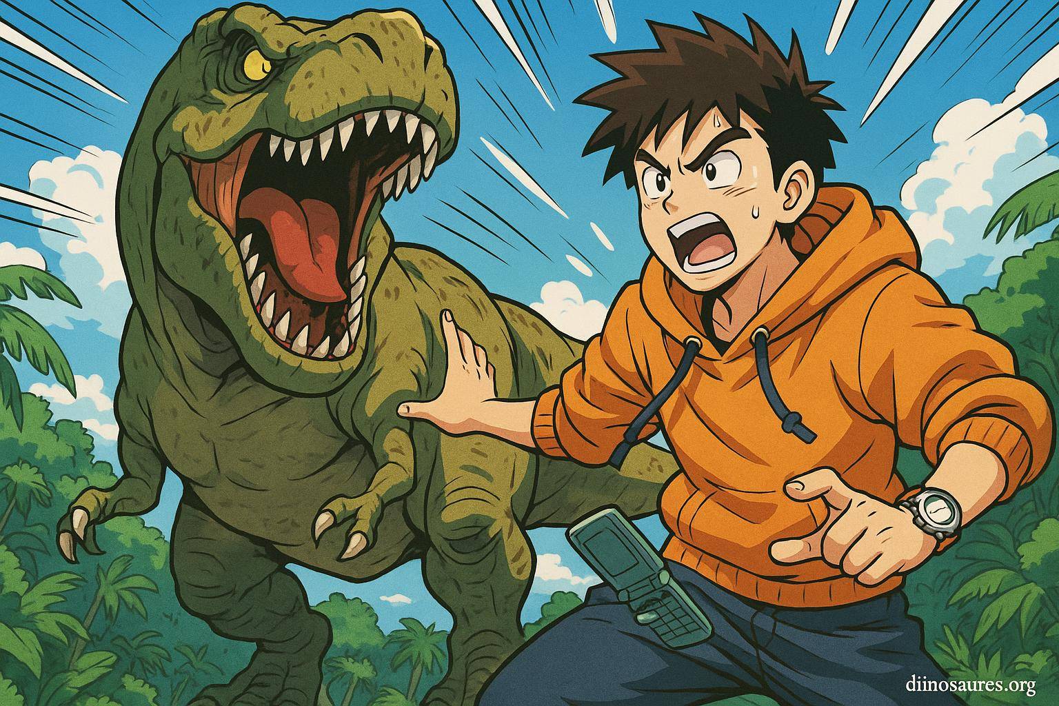 Jeune homme face à un dinosaure rugissant