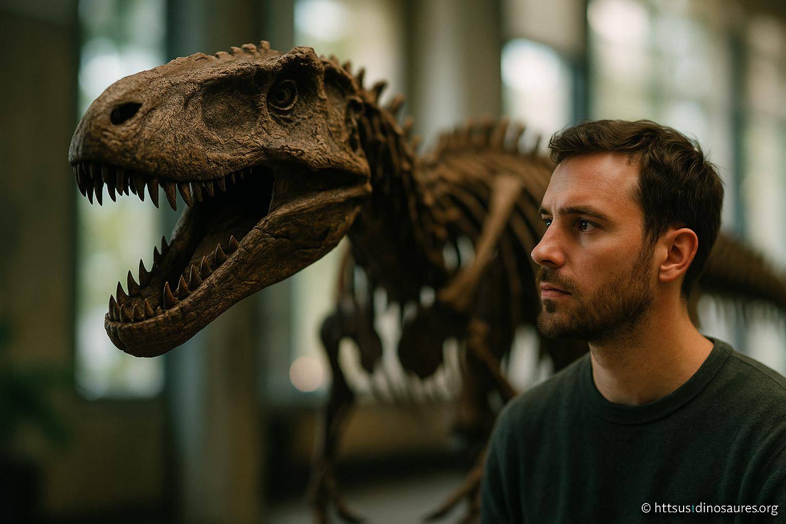 Homme observant un squelette de dinosaure