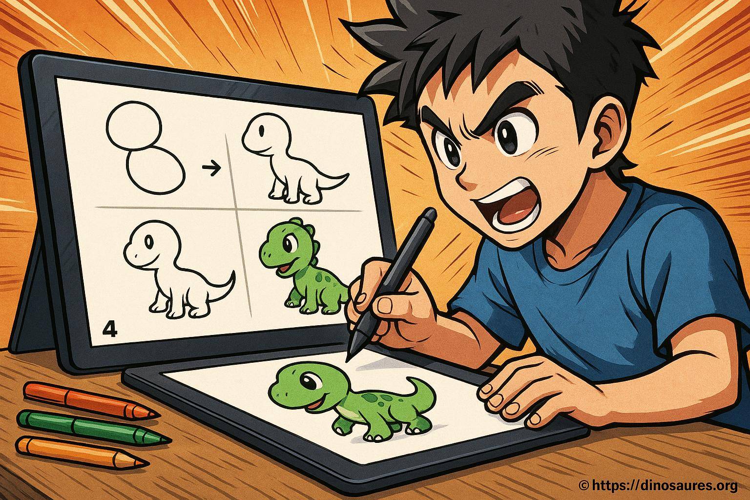 Garçon dessinant un dinosaure mignon
