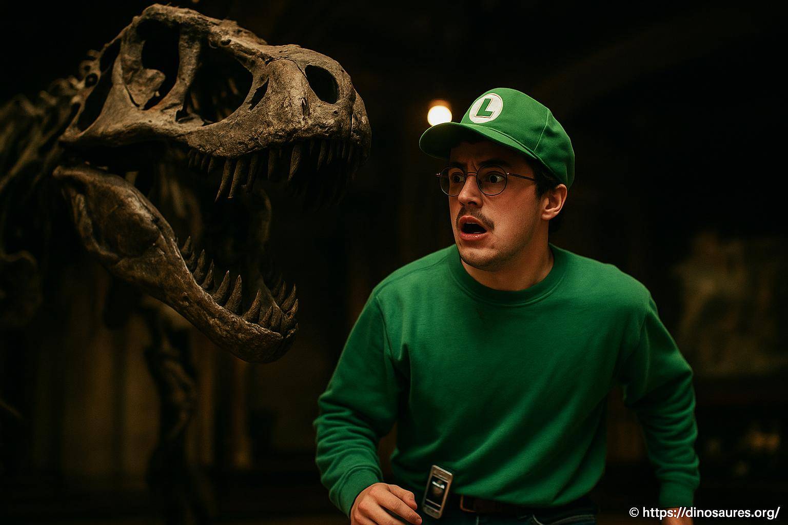 Homme surpris devant un squelette de dinosaure