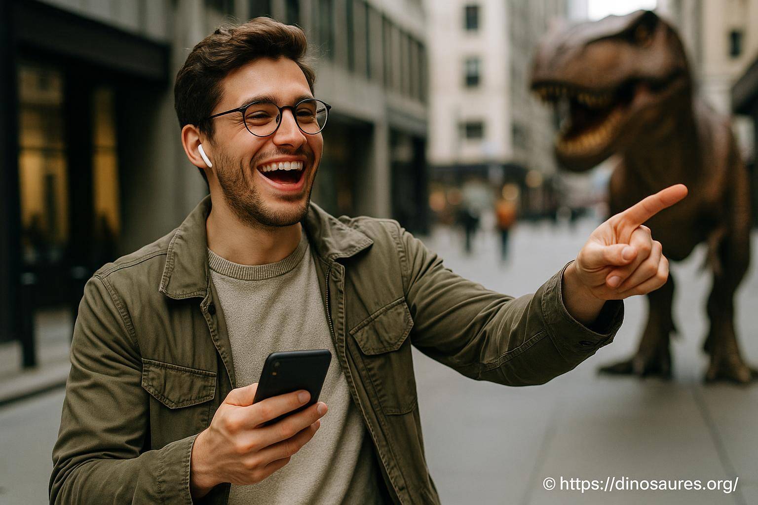 Homme souriant avec dinosaure en arrière-plan