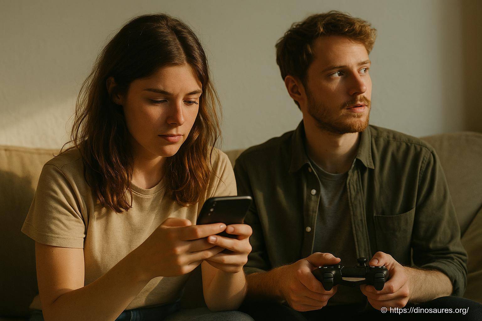 Couple assis avec smartphone et manette de jeu