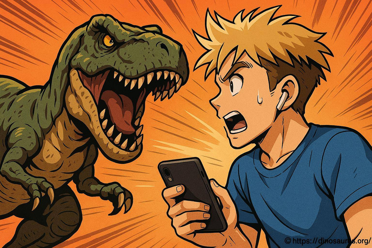 Jeune homme surpris par un dinosaure