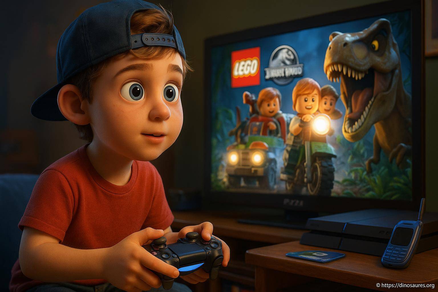 Enfant jouant à un jeu vidéo Lego Jurassic World