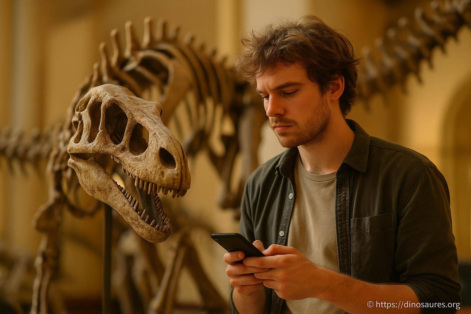 Homme utilisant smartphone près d'un squelette de dinosaure
