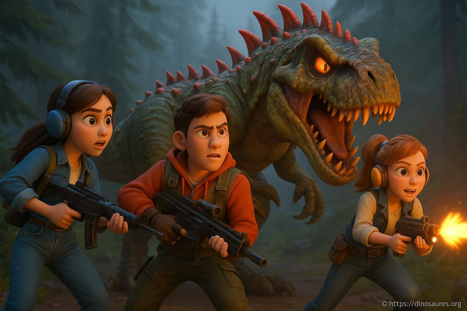 trois jeunes armés face à un dinosaure