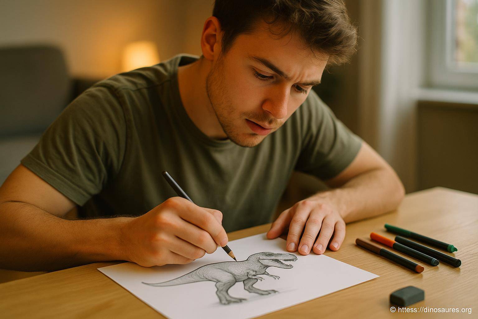 Jeune homme dessinant un dinosaure