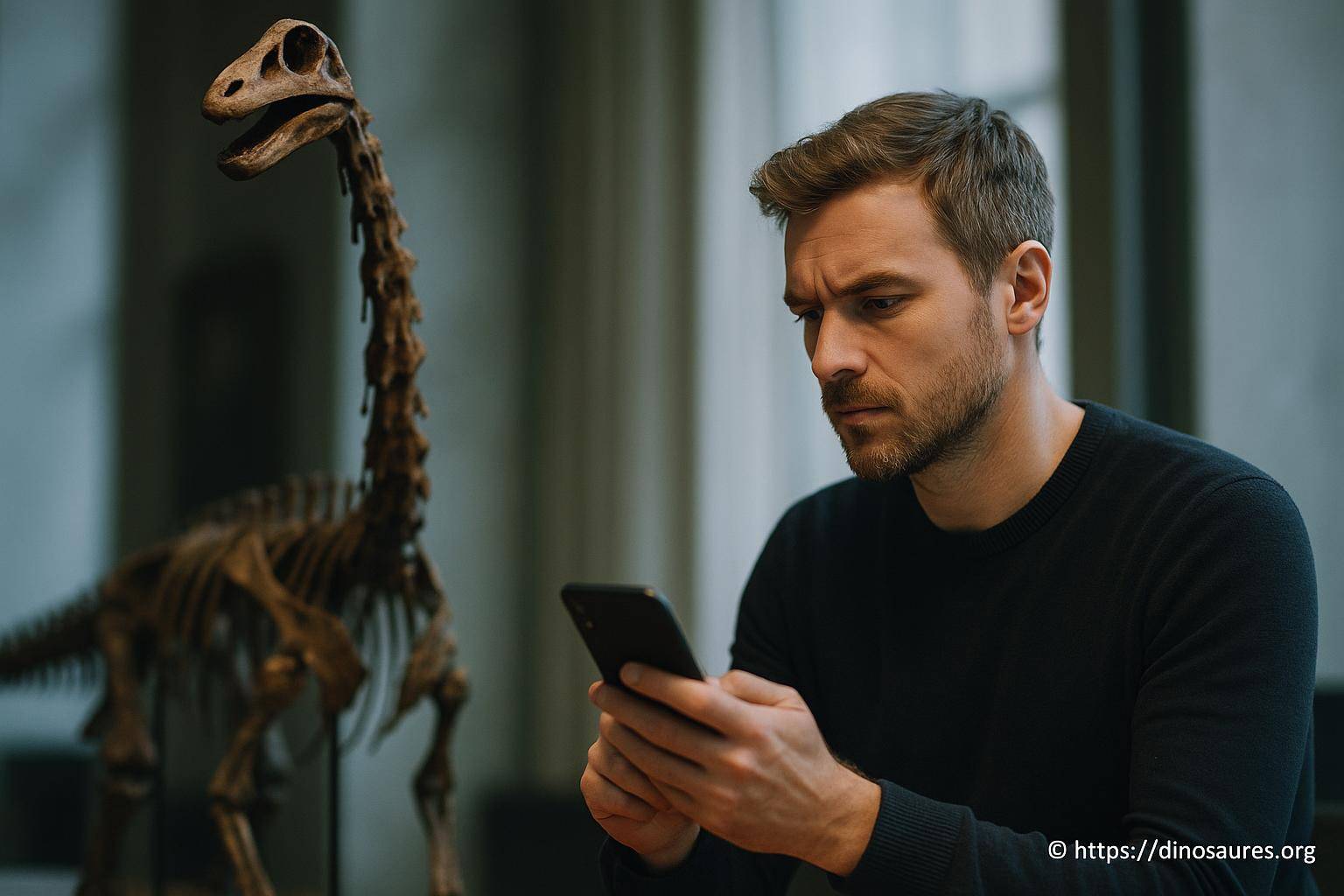 Homme consultant téléphone près squelette dinosaure