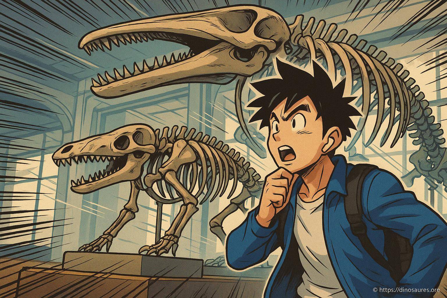 Jeune homme surpris devant squelettes dinosaures