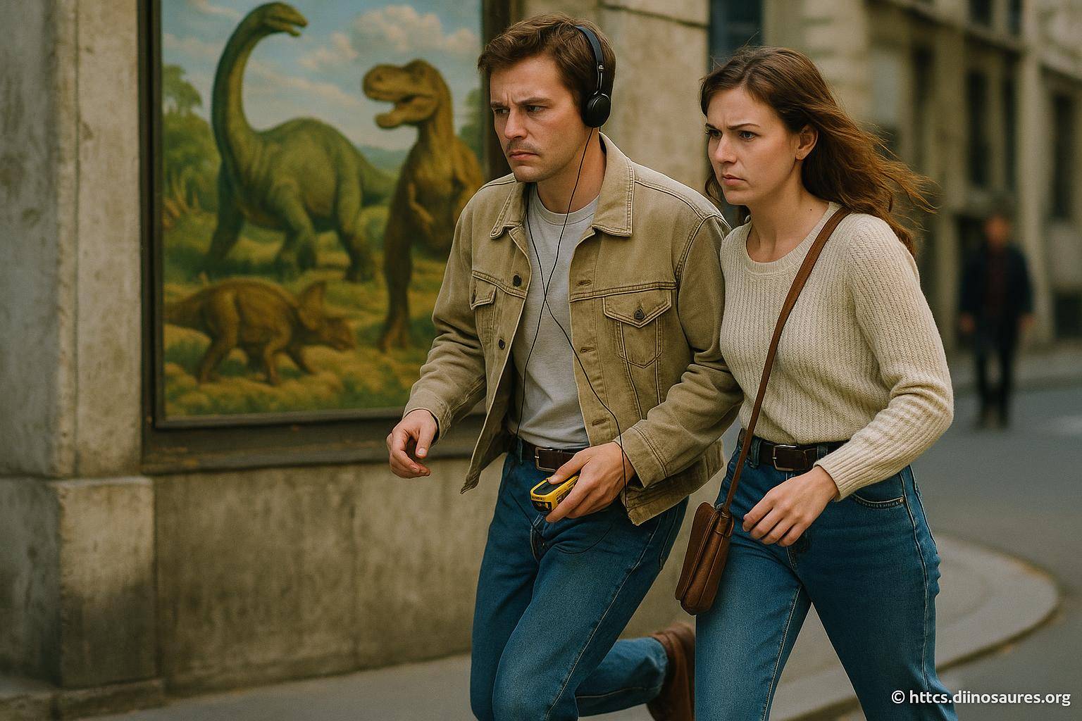 Jeune couple marchant devant une fresque de dinosaures